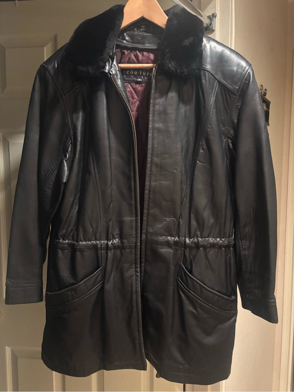 Couture Black Leather Coat with Fur Collar